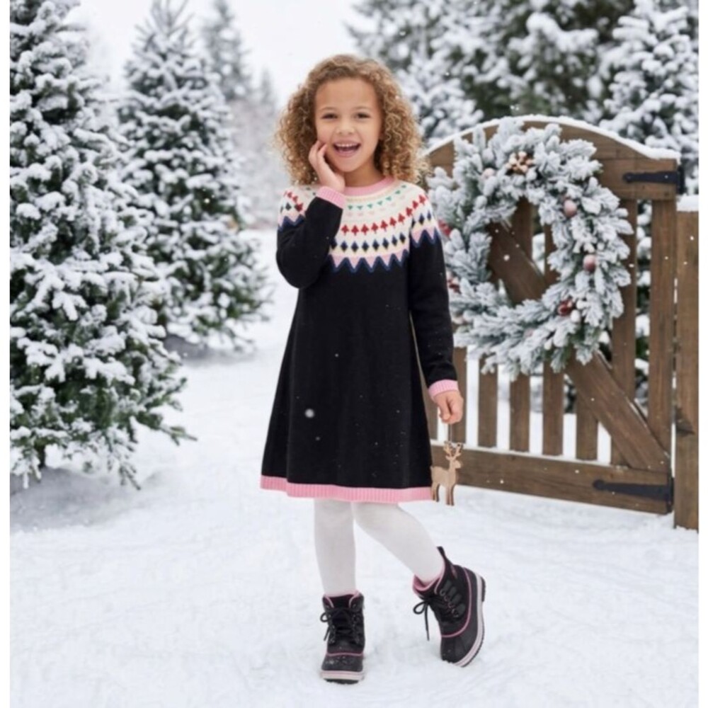 Hanna Andersson Girls Black Holiday Fair Isle Sweater Dress 140 10 Yuletide EUC